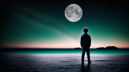 A child standing on the shore of a body of water in the moonlight. AI generative