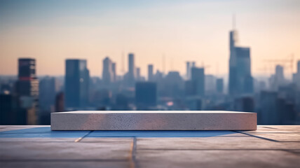 Obraz premium stone podium with a large city skyline for product presentation and advertising