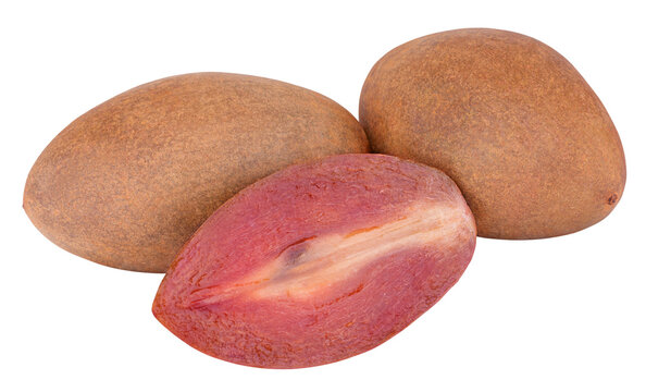 Fresh sapodilla plum with cut isolated on transparent background