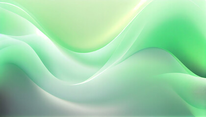 Fototapeta premium Abstract Shiny neon glass translucent wavy composition with gradient transition, green white elegant clean background - generative AI.