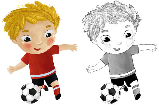 cartoon scene with kid playing running sport ball soccer football - illustration for children