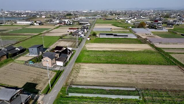 Aerial view of suburban homes and rice fields on edge of sprawling town on sunny day