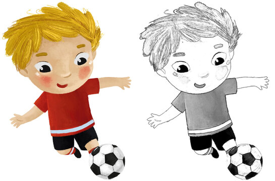 cartoon scene with kid playing running sport ball soccer football - illustration for children