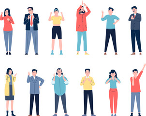 Fototapeta premium Positive gestures, person show thumb up. Students excited positive characters. Flat confident office workers. Happy guy and team, recent vector set