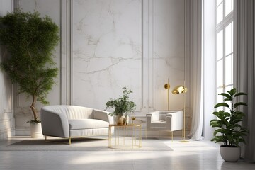 cozy living room with comfortable furniture and greenery. Generative AI