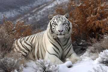 Fototapeta na wymiar Majestic Snow-Camouflaged White Tiger in the Mountains -- Generated AI