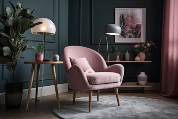 cozy living room with a pink accent chair and coffee table. Generative AI