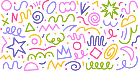 Abstract color line doodle shapes. Lines drawing, cute infographics elements. Party, kids decorative painting. Scribble trendy racy vector clipart