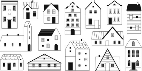 Black outline different houses. Buildings and apartments, isolated doodle line homes. Urban architecture elements, decorative racy vector graphic
