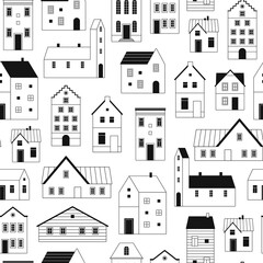 Tiny doodle homes seamless pattern. Houses coloring page, outline buildings fabric print design. Urban background, racy decorative vector graphic