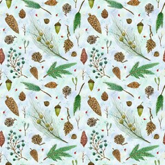 Seamless pattern with pine branches, cones, and acorns