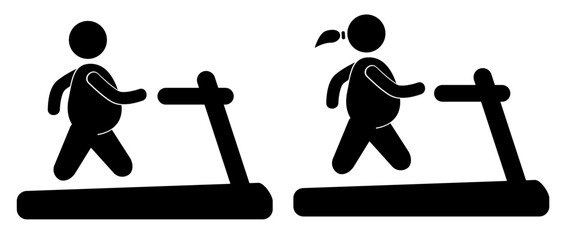 vector simple set 2, obesity walk stickman at treadmill, man and woman