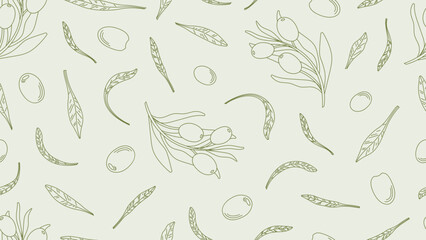 Olives and leaves seamless pattern. Natural olive background, doodle branch and organic greek farm plants. Vector fabric print, mediterranean cuisine