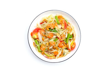 Dish of spicy papaya salad on white.