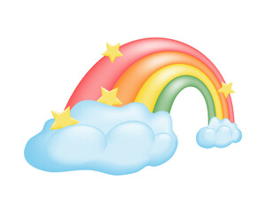 Cute 3D cartoon rainbow illustration with fluffy clouds and stars on a white background. For magic to any project. Vibrant colors and playful design. Vector illustration.