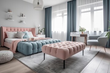 modern bedroom with a pink and blue bed and a gray rug. Generative AI