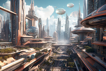 Futuristic smart city with towering buildings, smart transportation and drones, autonomous driving, high green coverage, multifunctional public spaces, intelligent facilities.