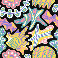 vector doodle colorful freeform seamless pattern on black