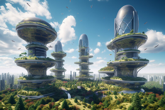 Futuristic smart city with towering buildings, smart transportation and drones, autonomous driving, high green coverage, multifunctional public spaces, intelligent facilities.
