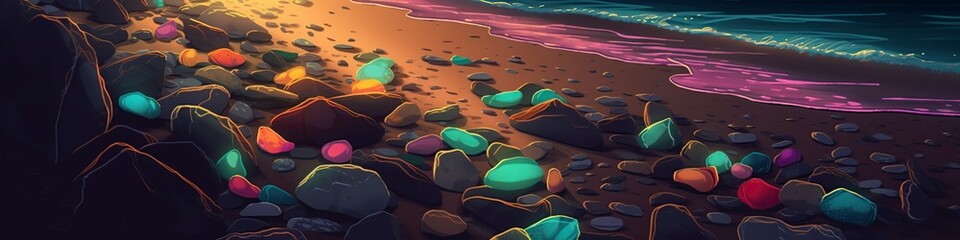 Fototapeta na wymiar illustration, colored luminescent stones on the beach, website headers, ai generative