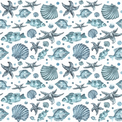 Marine Life watercolor seamless pattern. Watercolor fish, seashells, starfish. On a white background. Ocean, sea. Scandinavian style. Blue color. For printing on fabrics, textiles, packaging, covers.