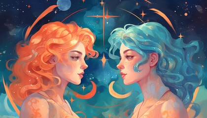 Gemini Zodiac Sign in Vibrant Pastels, Curious and Playful Mid-Shot Against Starry Night Sky - Generative AI