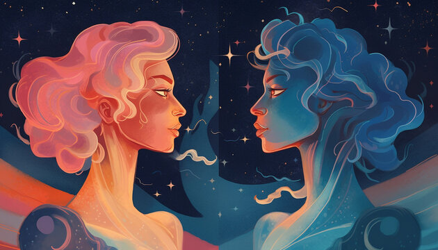 Gemini Zodiac Sign in Pastel Colors Against Starry Night Sky - Conveying Curiosity and Playfulness - Generative AI