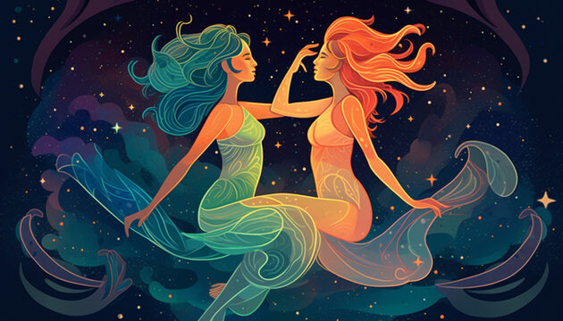 Gemini Zodiac Sign Mid-Shot Illustration with Pastel Colors & Starry Night Sky - Conveys Curiosity & Playfulness - Generative AI