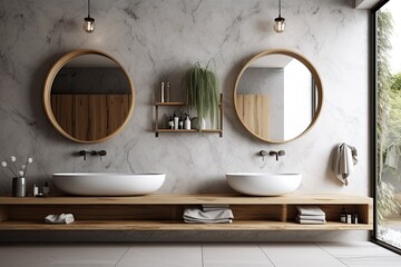 modern bathroom with double sinks and mirrors. Generative AI