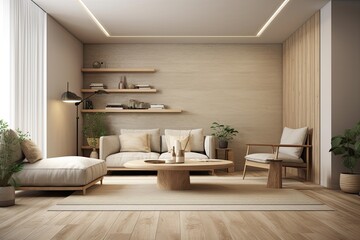 Fototapeta na wymiar cozy living room with wooden flooring and comfortable furniture. Generative AI