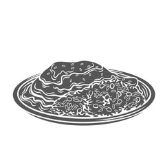 Mole Poblano with rice glyph icon vector illustration. Stamp of traditional dish in Mexican cuisine, mole sauce with meat on plate for eating on dinner, spicy meal from restaurant menu in Mexico