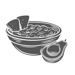 Guacamole glyph icon vector illustration. Stamp of bowl with salsa, half avocado and tortilla chips, healthy dip recipe with nachos, guacamole sauce and traditional spicy snack of Mexican cuisine
