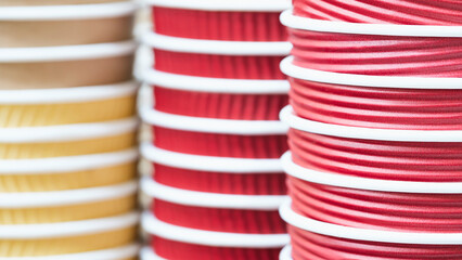 Close-up of colorful paper disposable cups