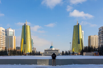 Panoramic view of Ak Orda Presidential Palace on Talan Towers of Astana. Urban landscape of sunny...
