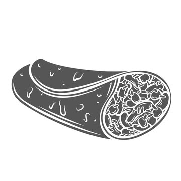 Burrito glyph icon vector illustration. Stamp of Mexican sandwich with shredded chicken meat and spicy sauce, vegetables and cheese in tortilla wrap, burrito from fast food restaurant menu in Mexico