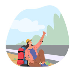Female Character Hitchhiker Sitting With Backpack By The Roadside With An Extended Thumb, Looking For A Lift