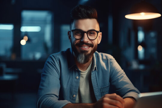Modern Office Portrait of Stylish Hispanic Businessman Works on Laptop, Does Data Analysis and Creative Designer, Looks at Camera and Smiles. AI