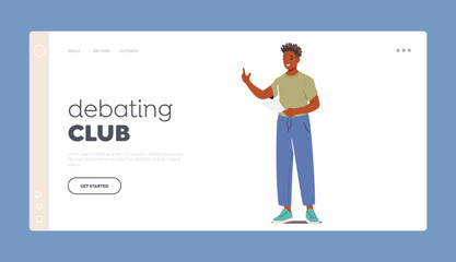 Debating Club Landing Page Template. Student Male Character Standing With Sheet of Paper In Hand Reading or Makes Report