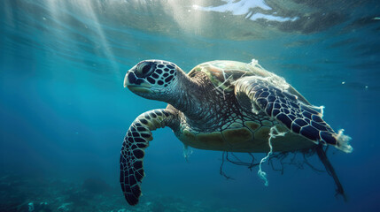 Obraz premium Sustainability themed background with space for copy, featuring an artistic arrangement of plastic waste items commonly found in the ocean. Generative AI