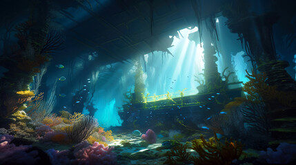 Colorful Underwater World with Sunrays and Coral Reef, generative ai