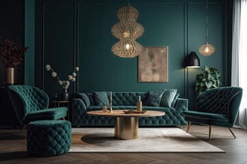 vibrant living room with green walls and matching furniture. Generative AI