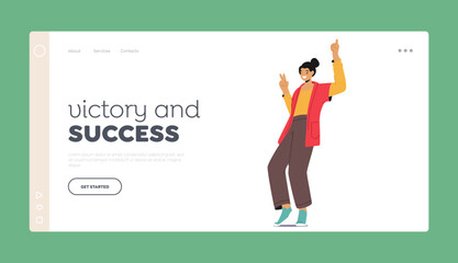 Victory or Success Landing Page Template. Happy Girl Jump with Raised Arms, Female Character Feeling Positive Emotions