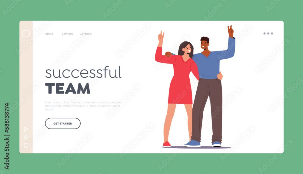 Wall mural successful team landing page template. male and female couple characters expressing triumph with a v