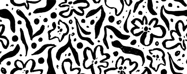 Brush drawn abstract organic shapes seamless pattern. Contemporary floral vector print. Random childish flowers and botanical shapes. Chamomile or daisy painted by brush with leaves silhouettes.