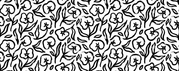 Naive style flowers seamless pattern. Brush drawn botanical silhouettes. Brush black loose leaves and flowers vector seamless ornament. Trendy botanical elements, abstract blossoms. 