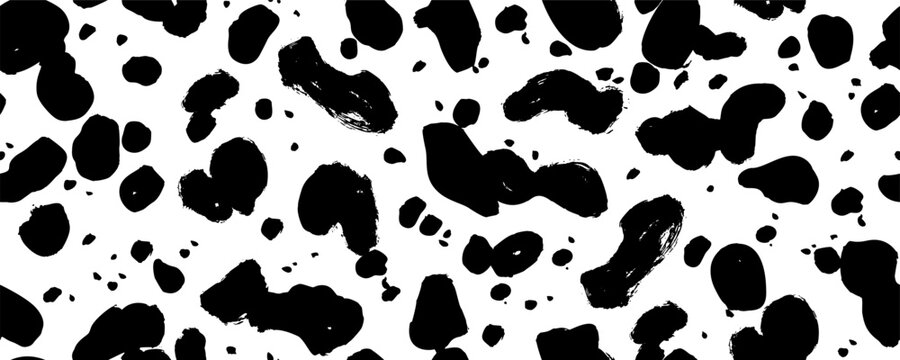 Dalmatian hand drawn seamless pattern. Animal skin background. Cow, leopard and dalmatian vector pattern. Different blobs, spots and dots. Farm animal textural banner. Wallpaper with round shapes.