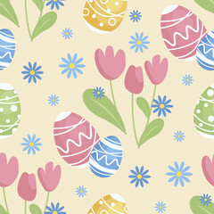 Spring seamless pattern Easter background. Flowers tulips and daisies with decorated eggs for Easter Day, illustrations for the background in a modern cartoon character. Pastel cute colors.