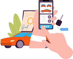 Car dealer online. Digital auto dealership, distant automotive selling insurance leasing, internet sale automobile purchase rent lease
