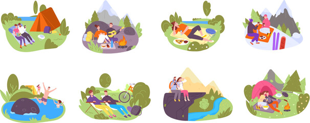 People camp resting. Family picnic or friends summer tent camping activities, mountain hiking skiing campfire singing outdoor cooking river recreation, splendid vector illustration