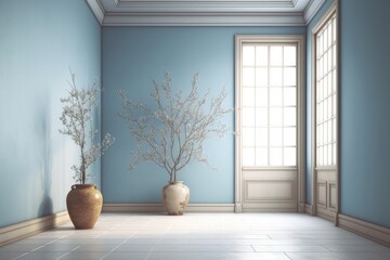 Illustration of an interior room with greenery and decorative vase. Generative AI